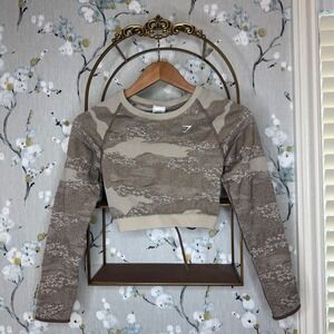 Gymshark Adapt Camo Seamless Long Sleeve Crop Top Lace Up Back Brown Tan Medium